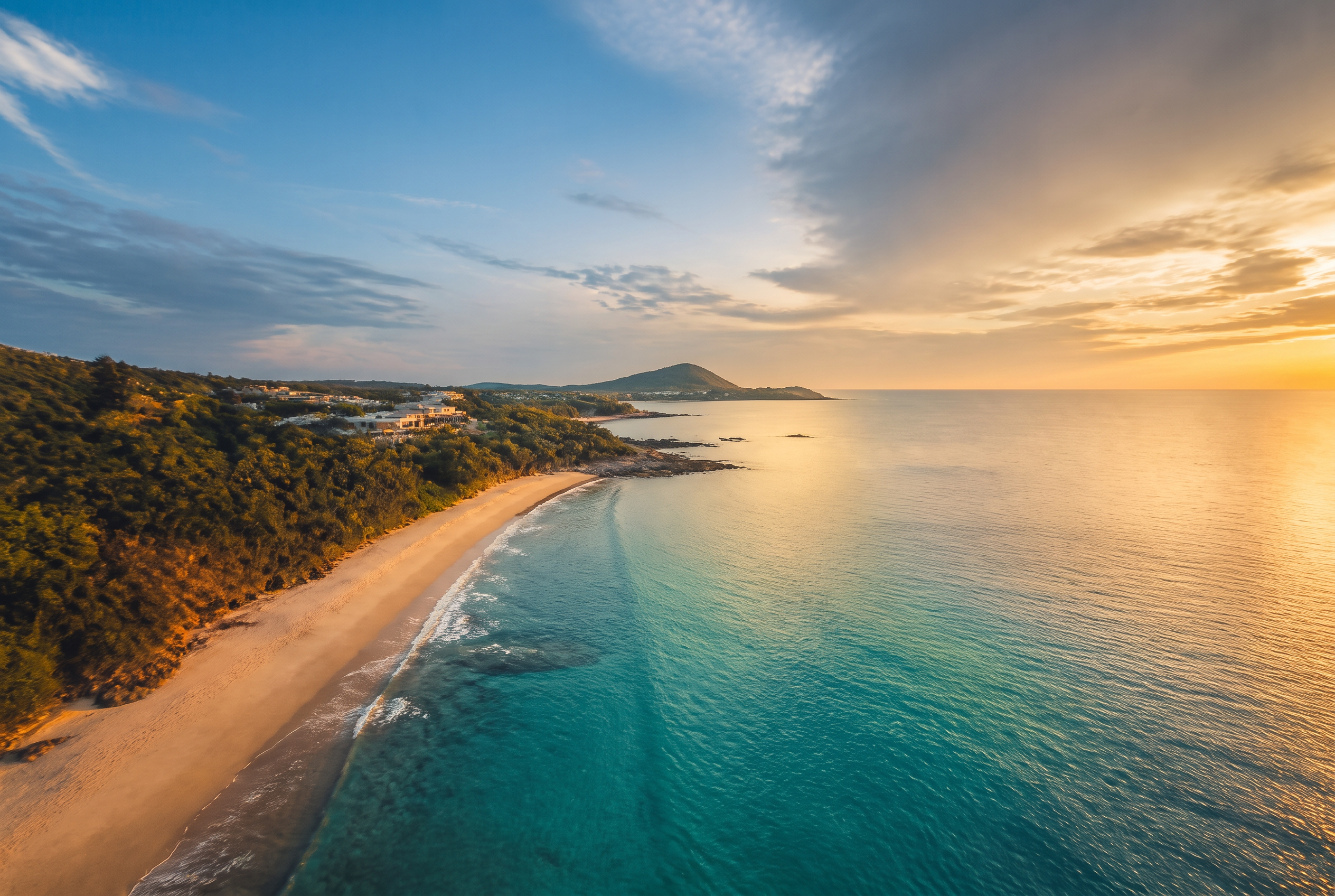 Aerial view of the Capricorn Coast at golden hour