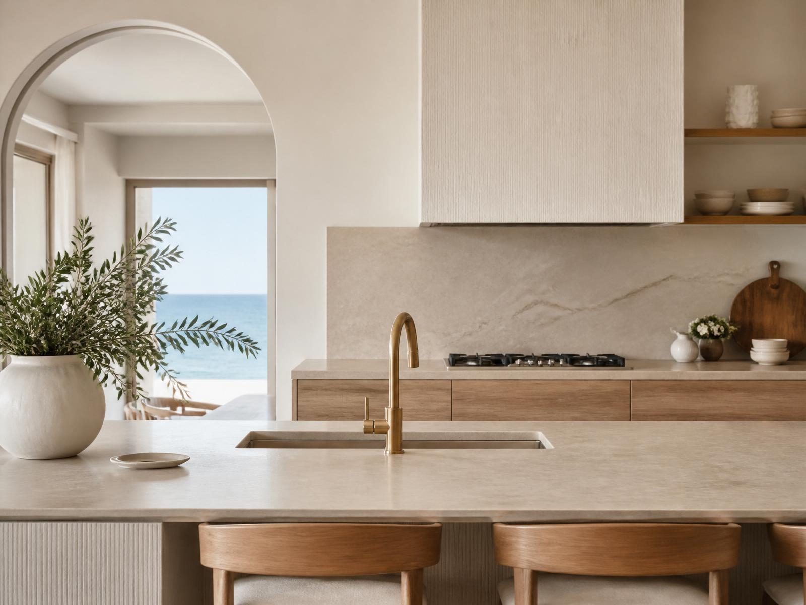 Modern coastal Queensland kitchen with brushed brass tapware